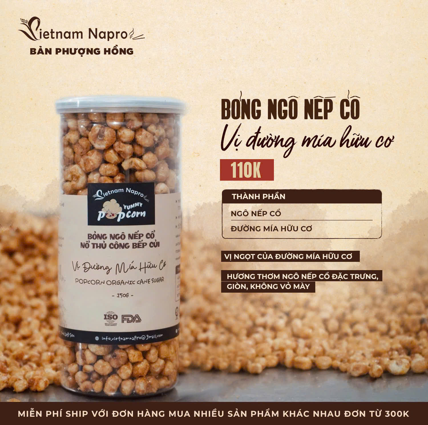 Bỏng ngô nếp cổ - Vị đường mía hữu cơ