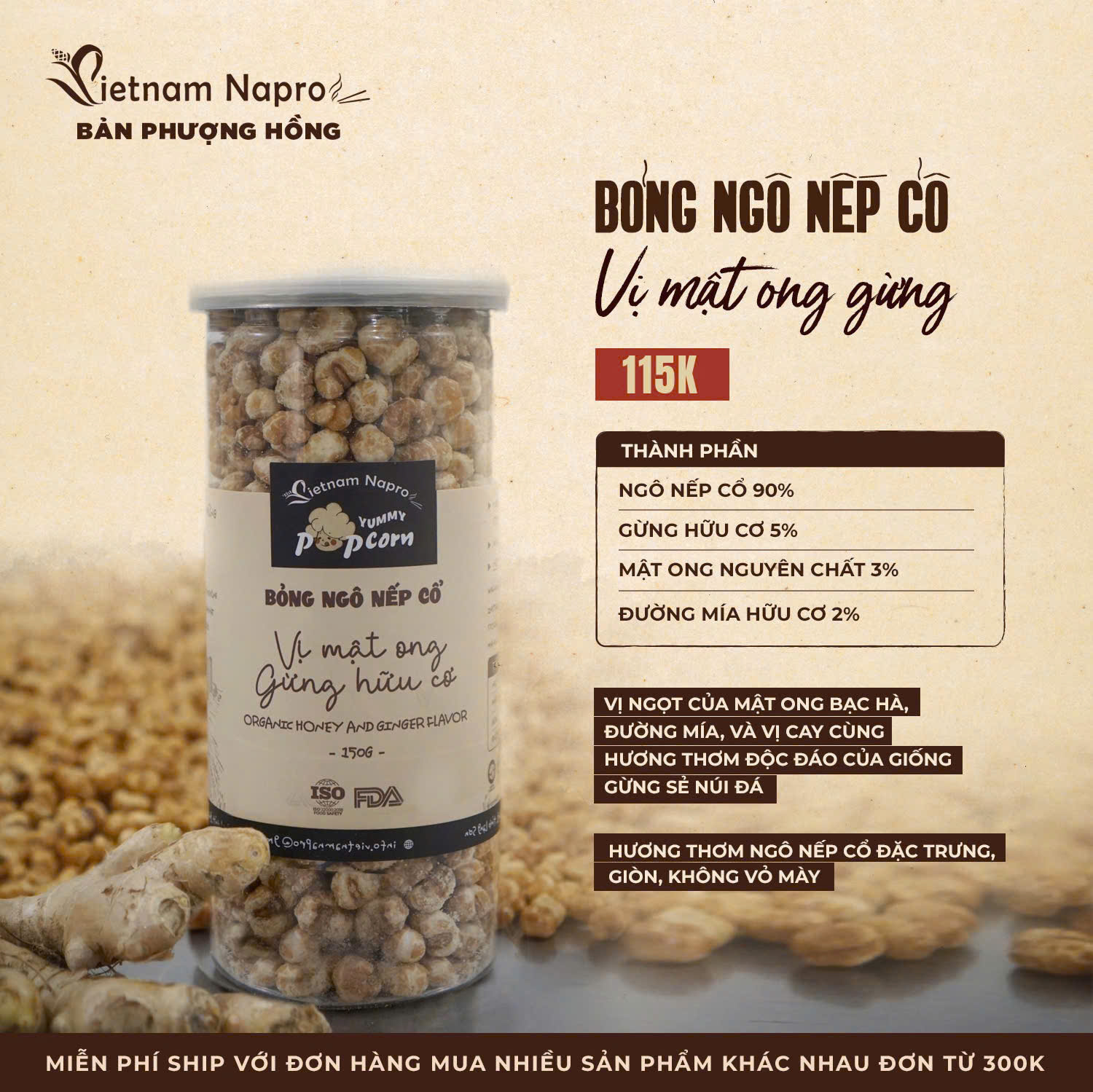 Bỏng ngô nếp cổ - vị mật ong gừng