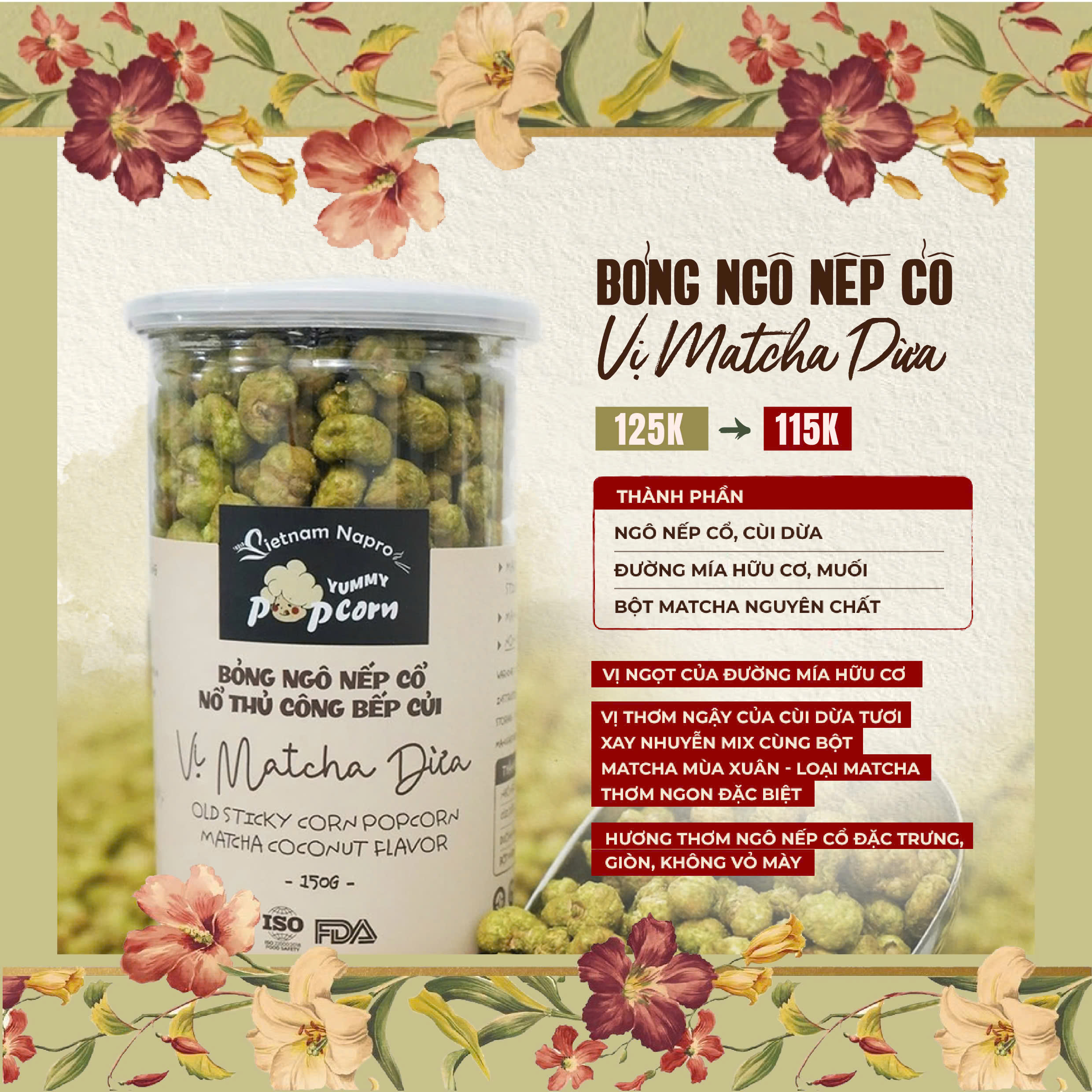 Bỏng ngô nếp cổ - Vị matcha dừa