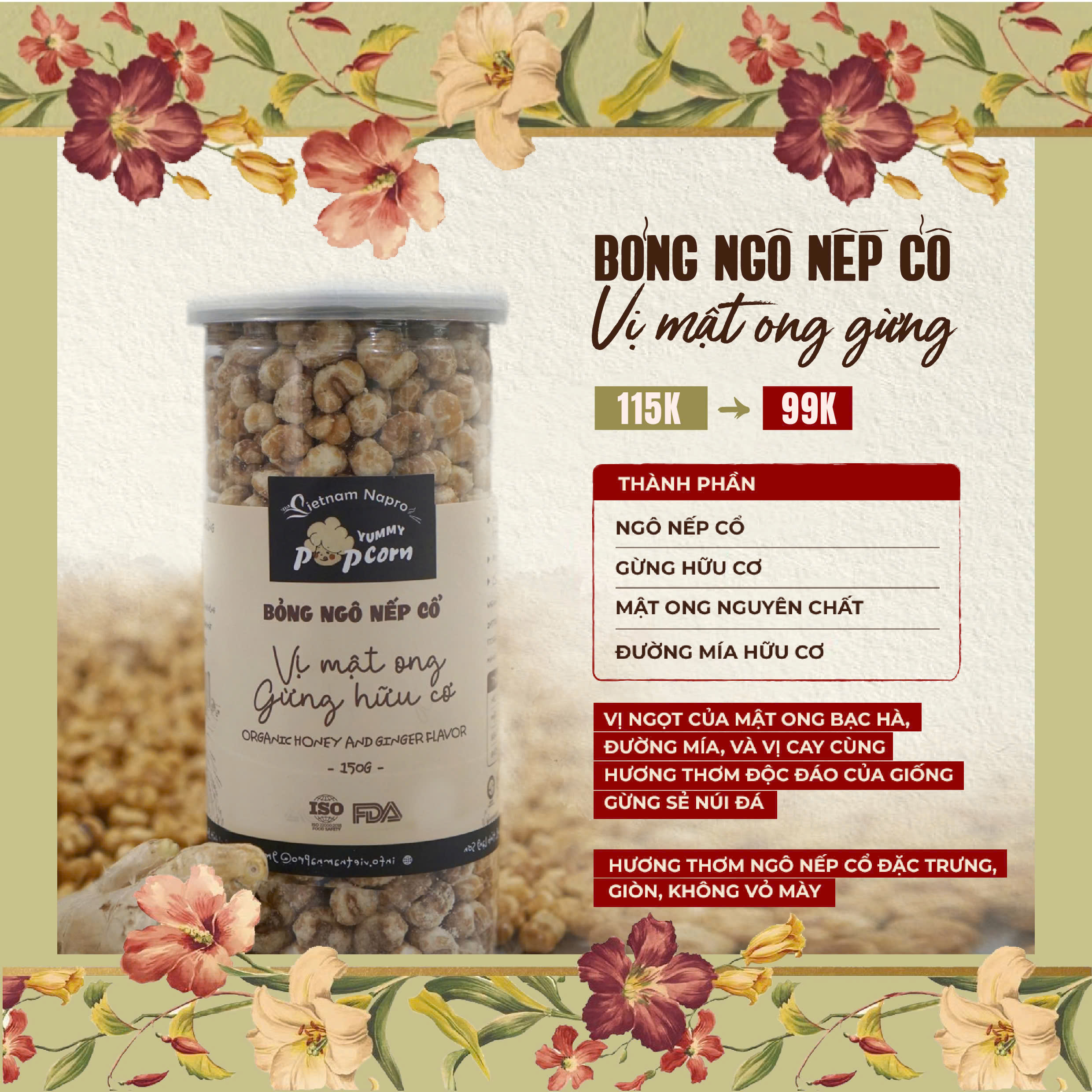 Bỏng ngô nếp cổ - vị mật ong gừng